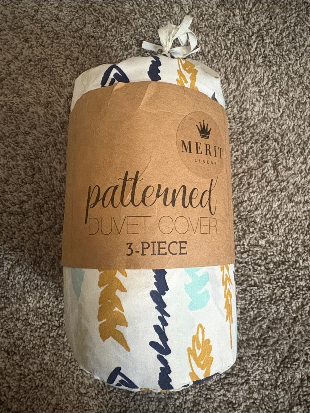 Merit Linen Patterned 3-Piece Duvet Cover in White with Mustard & Navy Accents
